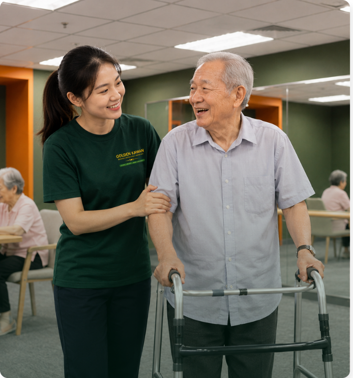 Caregiver assisting a senior at Golden Kawan