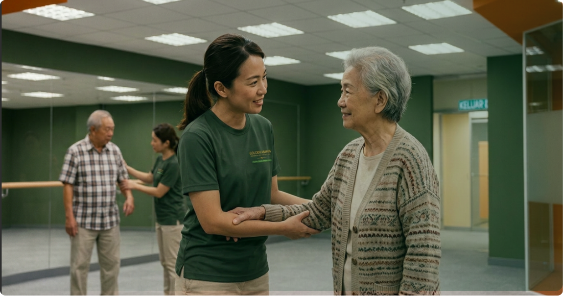 Golden Kawan caregiver assisting a senior member in the activity centre